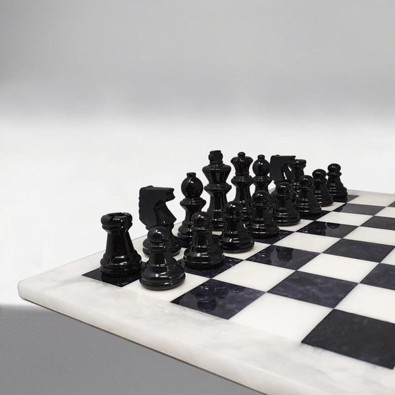 Image 1 of 1970S Gorgeous Black And White Chess Set In Volterra Alabaster Handmade. Made In Italy