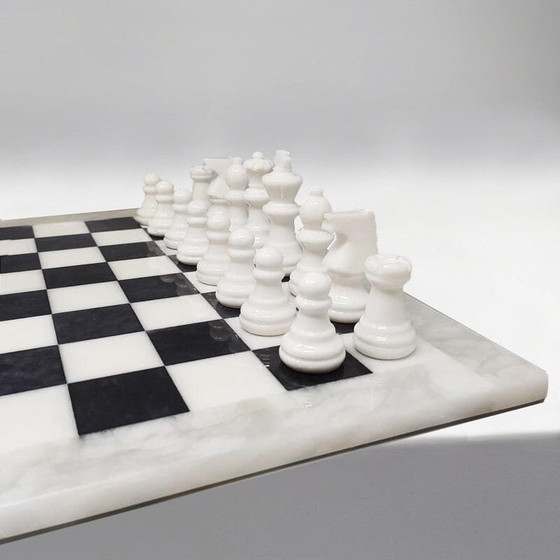 Image 1 of 1970S Gorgeous Black And White Chess Set In Volterra Alabaster Handmade. Made In Italy