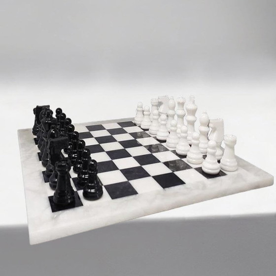 Image 1 of 1970S Gorgeous Black And White Chess Set In Volterra Alabaster Handmade. Made In Italy