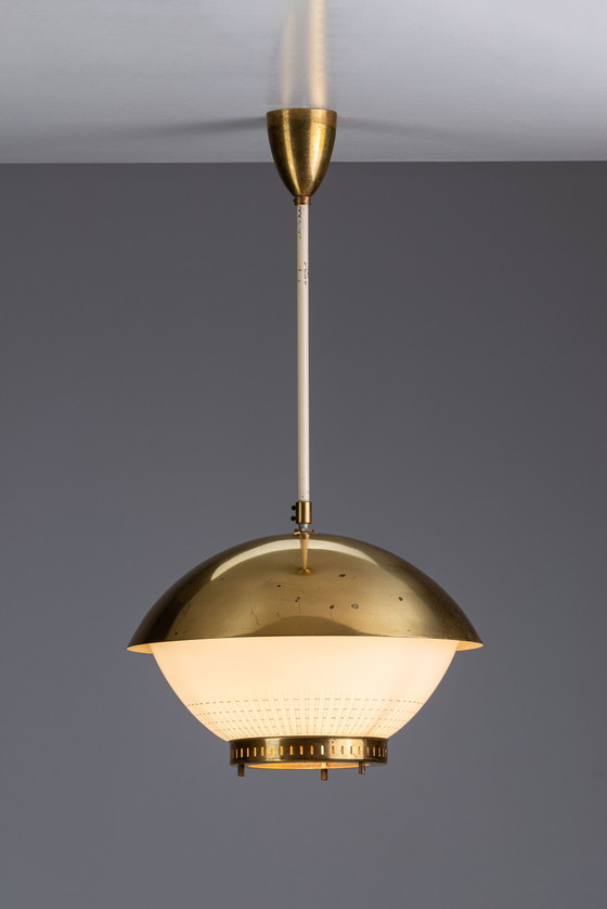 Image 1 of Large Brass Pendant   and engraved Opaline Glass