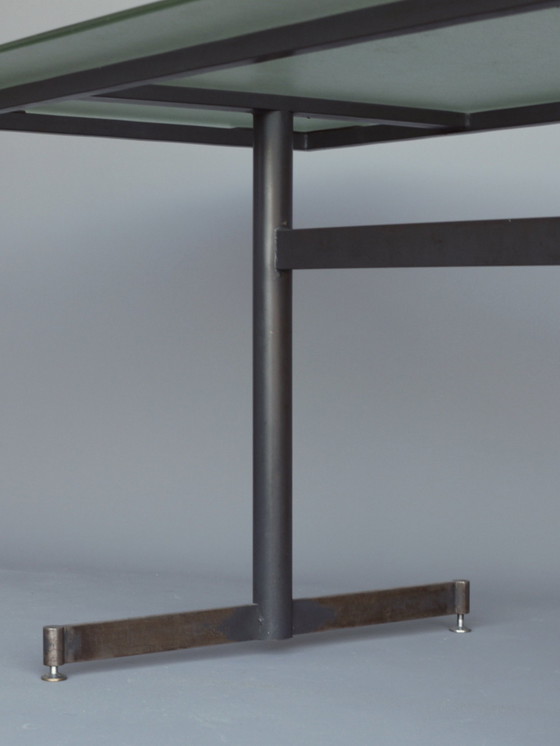 Image 1 of Mid-Century Dutch Industrial Table In Glass And Steel