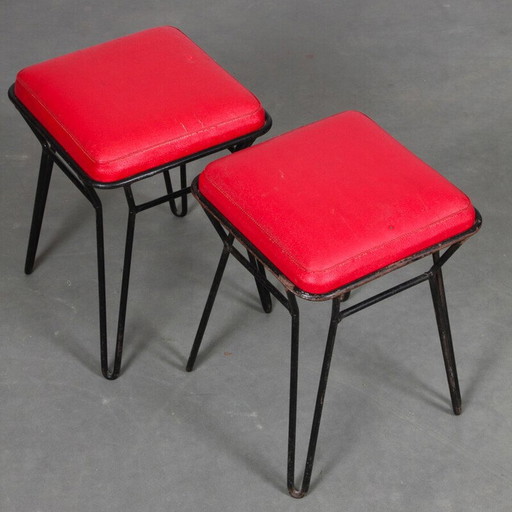 Vintage metal and red leatherette stools, 1960