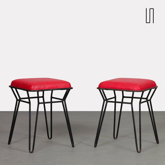 Image 1 of Vintage metal and red leatherette stools, 1960