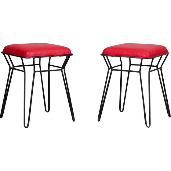 Image 1 of Vintage metal and red leatherette stools, 1960