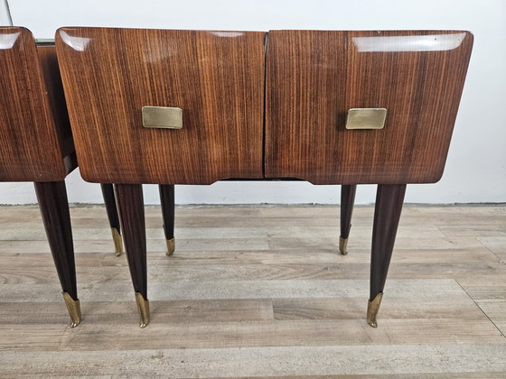 Image 1 of Mid Century Nightstands In Mahogany, Brass And Glass