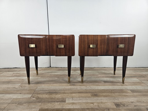 Mid Century Nightstands In Mahogany, Brass And Glass