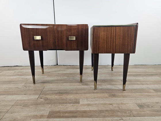 Image 1 of Mid Century Nightstands In Mahogany, Brass And Glass