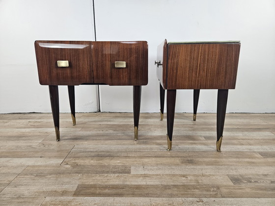 Image 1 of Mid Century Nightstands In Mahogany, Brass And Glass