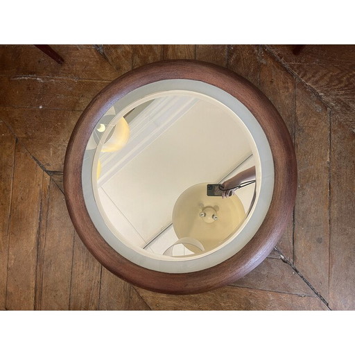 Specchio rotondo vintage illuminato con cornice in sapele, 1970