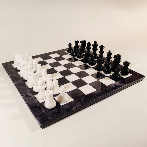 1970S Chess Set In Hand Carved Alabaster Of Volterra - Black And White - Made In Italy