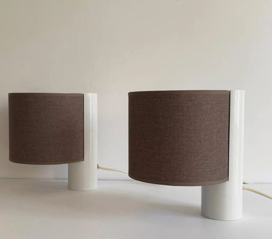 Image 1 of 2x Lampada da tavolo vintage, bianca e marrone, "Fluette" di Gramigna