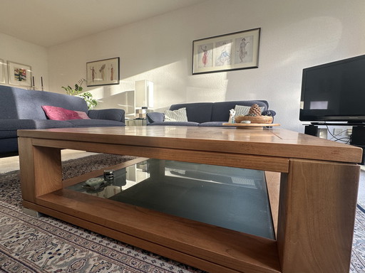 Solid Oak Wooden Coffee Table With Glass Plate