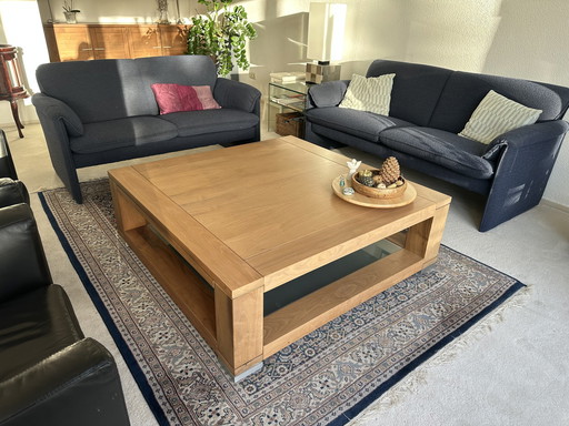 Solid Oak Wooden Coffee Table With Glass Plate