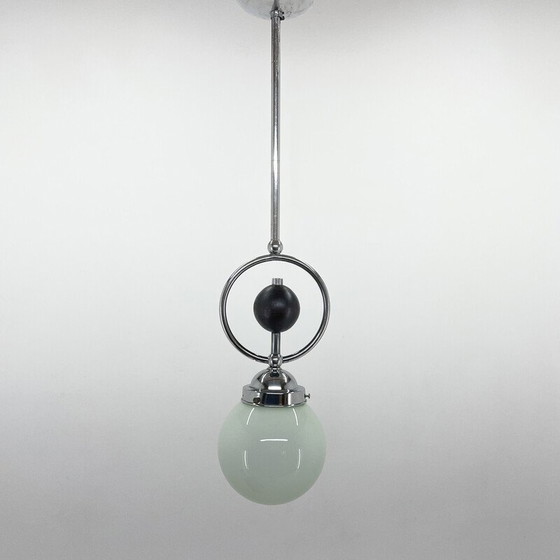 Image 1 of Vintage Art Deco pendant lamp in chrome, wood and glass, Czechoslovakia 1930s