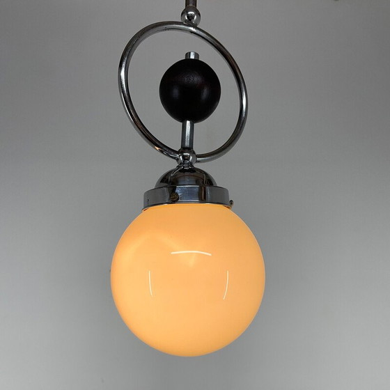 Image 1 of Vintage Art Deco pendant lamp in chrome, wood and glass, Czechoslovakia 1930s