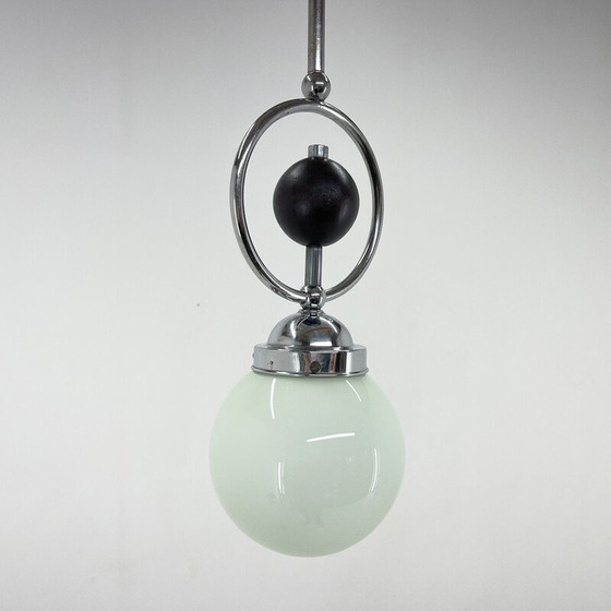 Image 1 of Vintage Art Deco pendant lamp in chrome, wood and glass, Czechoslovakia 1930s