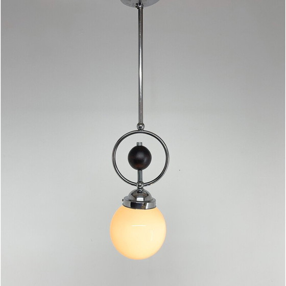 Image 1 of Vintage Art Deco pendant lamp in chrome, wood and glass, Czechoslovakia 1930s