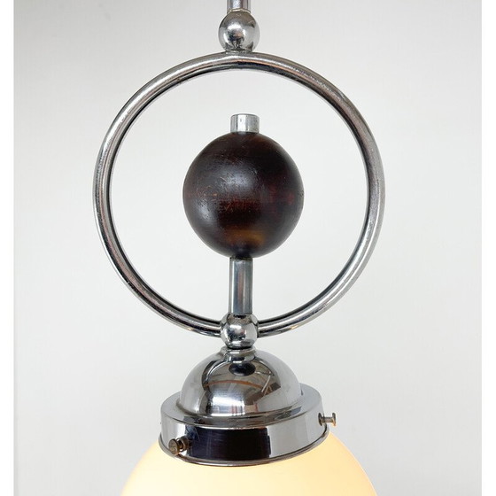 Image 1 of Vintage Art Deco pendant lamp in chrome, wood and glass, Czechoslovakia 1930s