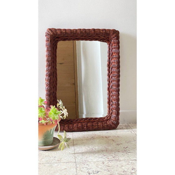 Image 1 of Vintage rectangular rattan frame wall mirror, 1980