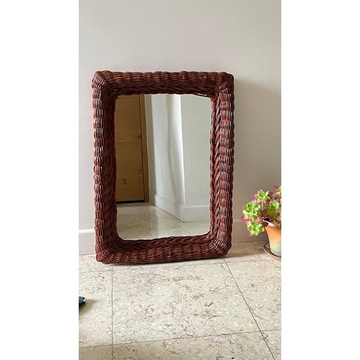 Specchio da parete rettangolare vintage con cornice in rattan, 1980