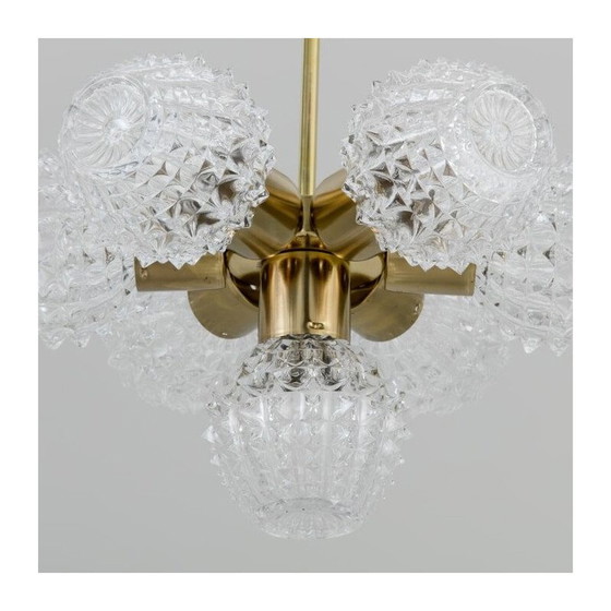 Image 1 of Vintage chandelier in molded glass and brushed brass plated for Lustry Kamenicky Senov, Czechoslovakia 1970
