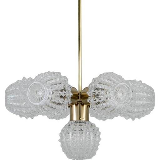Vintage chandelier in molded glass and brushed brass plated for Lustry Kamenicky Senov, Czechoslovakia 1970