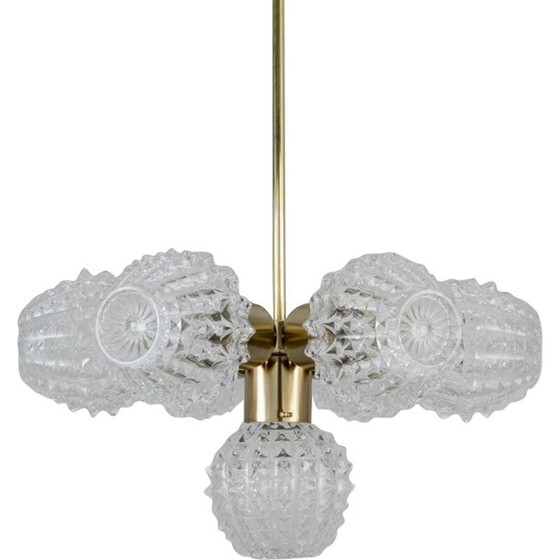Image 1 of Vintage chandelier in molded glass and brushed brass plated for Lustry Kamenicky Senov, Czechoslovakia 1970
