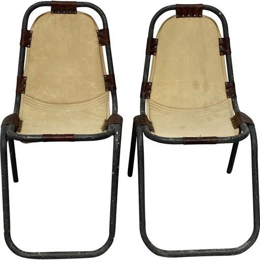 Pair of vintage chairs in iron tube and leather by Charlotte Periand