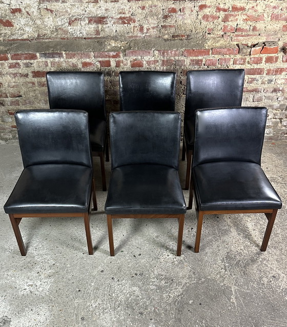 Image 1 of Scandinavian Teak And Black Skaï Chairs (Set Of 6) vintage 1970'S