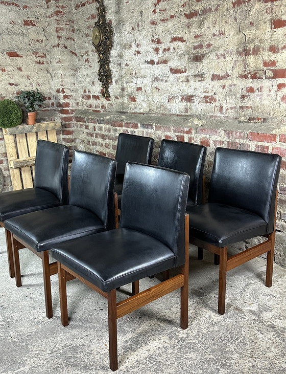 Image 1 of Scandinavian Teak And Black Skaï Chairs (Set Of 6) vintage 1970'S