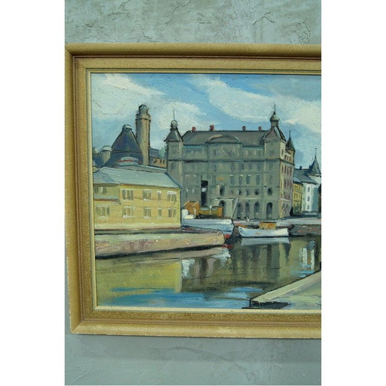 Image 1 of Dipinto a olio vintage Paesaggio urbano di Stoccolma di Hjalmar Larsson, Svezia 1940