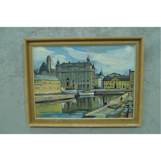 Image 1 of Dipinto a olio vintage Paesaggio urbano di Stoccolma di Hjalmar Larsson, Svezia 1940