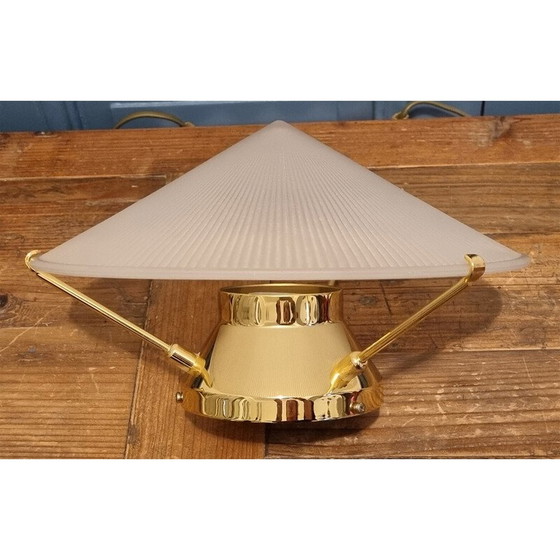 Image 1 of Pair of vintage wall lights in gold metal and glass in the shape of a Chinese hat