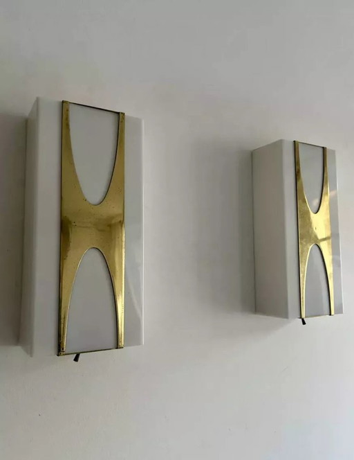 2X D'Appliques Loewy Pour Hilton, Brass And Perspex, France 1965