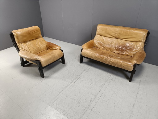 Brutalist Leather Sofa Set, 1960S