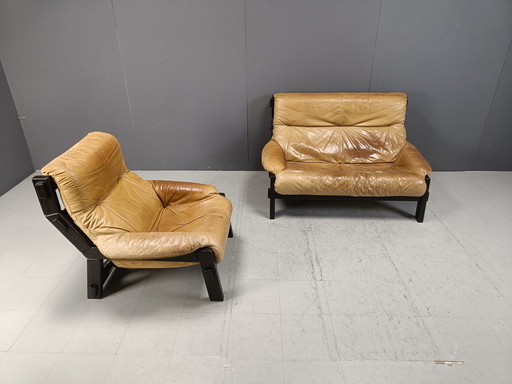 Brutalist Leather Sofa Set, 1960S