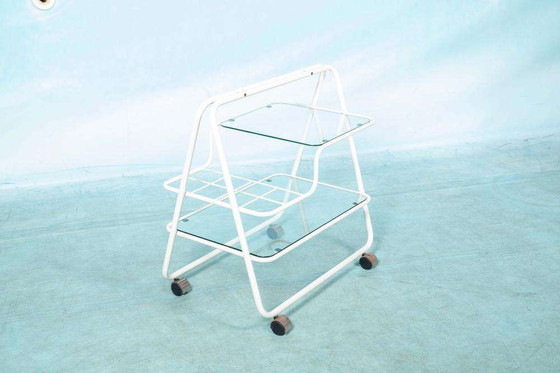 Image 1 of Space age bar cart 1970s, tube frame serving cart glass