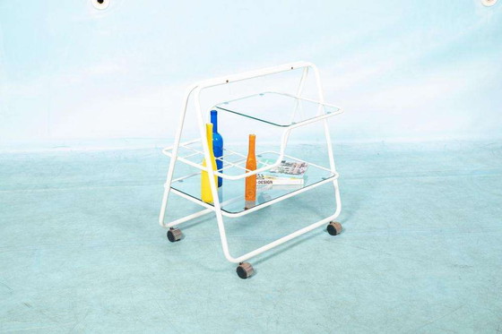 Image 1 of Space age bar cart 1970s, tube frame serving cart glass