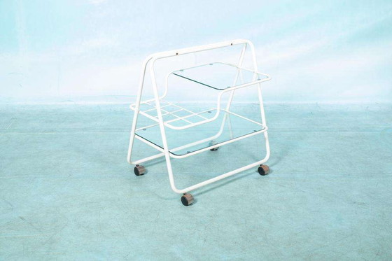 Image 1 of Space age bar cart 1970s, tube frame serving cart glass