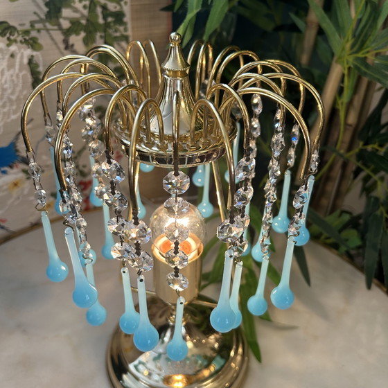 Image 1 of Lampe de table vintage gouttes bleu opaline monture laiton vintage