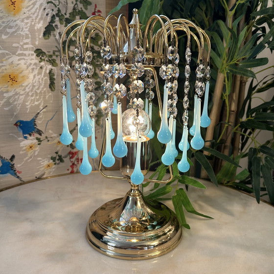 Image 1 of Lampada da tavolo vintage con gocce blu opalino e struttura in ottone vintage 
