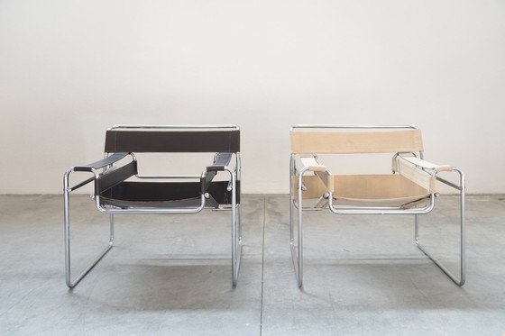 Image 1 of Pair of brown and beige armchairs in leather and iron, 1970s