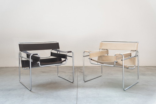 Pair of brown and beige armchairs in leather and iron, 1970s