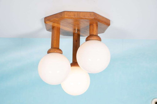 Lampe de table bohème lampe boule en verre 1970, bois et verre