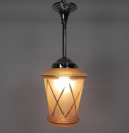 Art Deco hanging lamp with pink glass shade