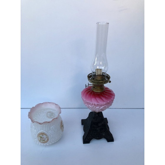Image 1 of Vintage Victorian oil lamp with milk glass and iron metal, England 1900