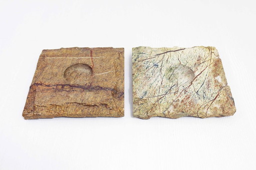 Duo de chandeliers brutalistes en travertin 60s / 70s