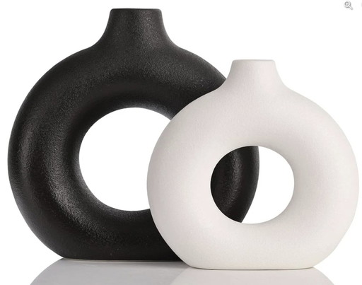 Lot De 2 Vases En Céramique Creux En Forme De Beignet Noir Et Blanc