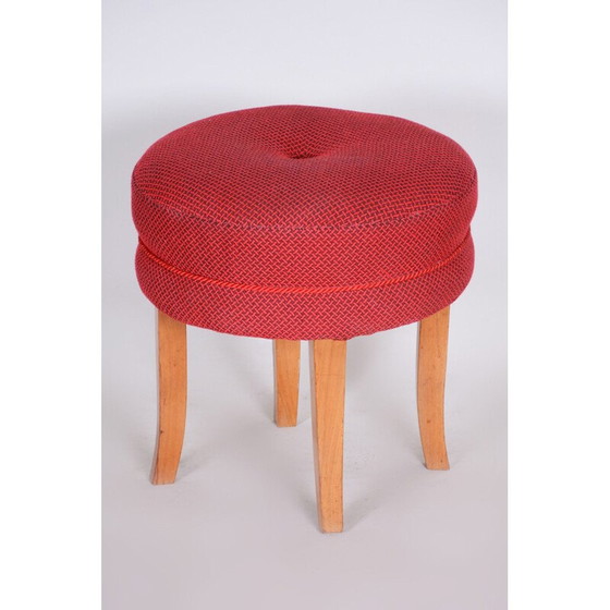 Image 1 of Taburete de mediados de siglo en madera de haya y tela roja, años 50