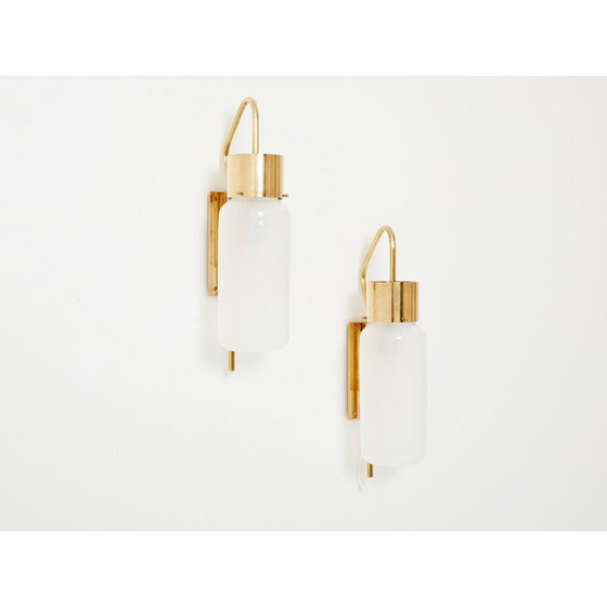 Image 1 of Pair of vintage Lp 10 sconces in brass and opaline glass by Luigi Caccia Dominioni for Azucena Editor, 1970